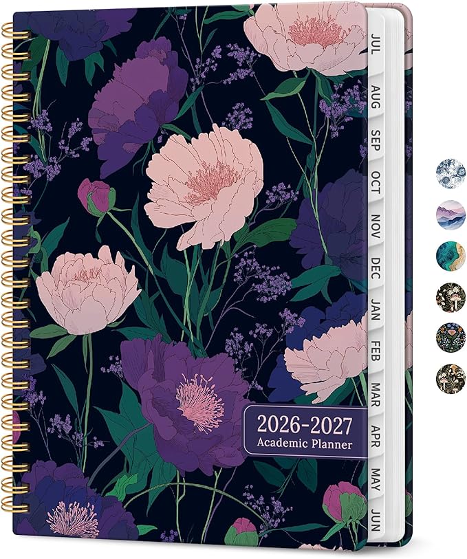 Planner 2026-2027, Academic Monthly and Weekly Calendar Planner for Women, July 2026 - June 2027, Hardcover Pretty Agenda Planner Book with Tabs, Spiral Daily Organizer for School Office Home Supplies, 8.5" x 11" - Plum Reverie