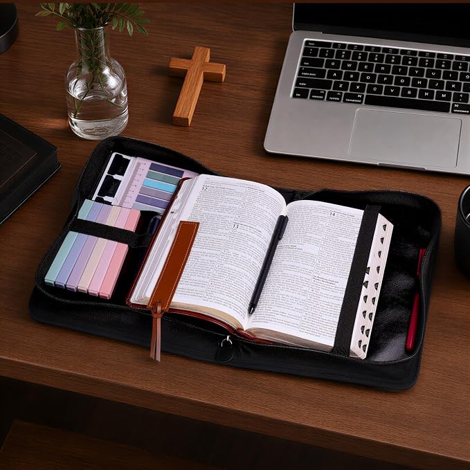 XKDOUS 20 Pcs Leather Bible Cover Case Kit Men's Bible Bag with Tabs, Pens, Study Supplies Portable Carrier Church Book Holder Christian Gift Father Day for Dad, Mom, Men, Women