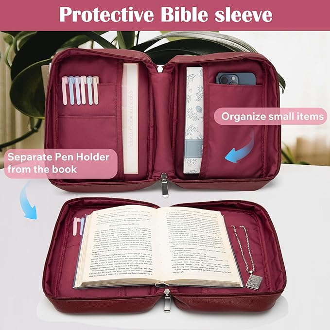 Small Bible Cover Case for Women and Men, 9x6 PU Leather Bible Sleeve, Compact Travel Bible Carrier Bag with Front Pen Holders, Zipper Closure, Inner Pockets - Burgundy Red