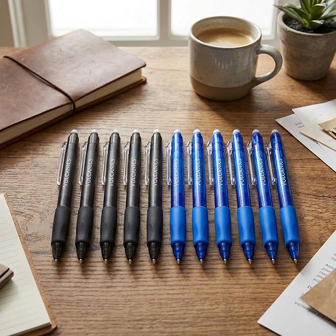 Volcanics Retractable Clicker Erasable Gel Pens - 0.7mm Ball Point, Heat Erase with Built-in Eraser, 12 Pack Soft Black and Blue