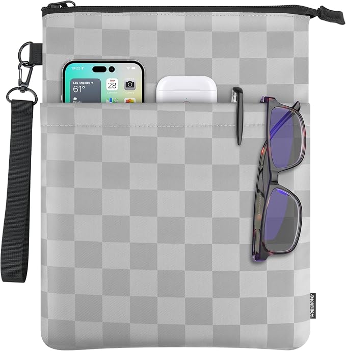 Book Sleeves with Zipper, Travel Book Protector Pouch for Paperbacks & Hardcover Books, Book Covers Bags Carry Case/Front Pocket & Handle Strap for Book Lovers Mother's Day (Grey with Block, 1 Pc)