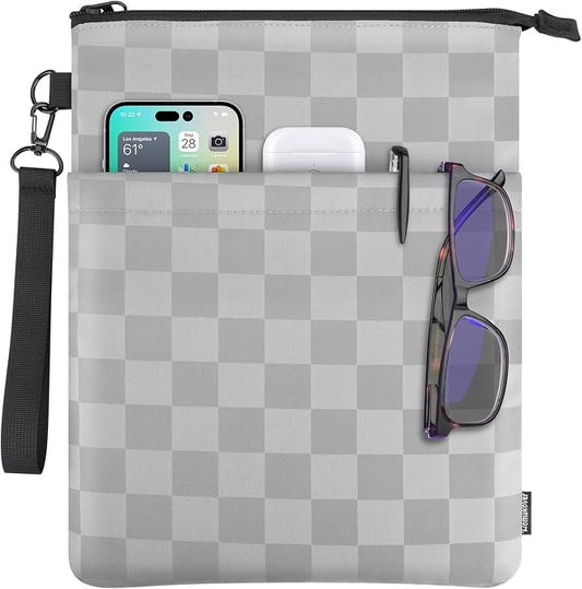 Book Sleeves with Zipper, Travel Book Protector Pouch for Paperbacks & Hardcover Books, Book Covers Bags Carry Case/Front Pocket & Handle Strap for Book Lovers Mother's Day (Grey with Block, 1 Pc)