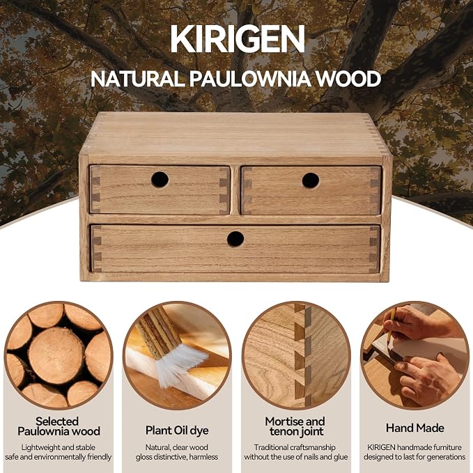 KIRIGEN Solid Wood Desktop Organizer with 3 Drawers - Multi-Layer Office Supplies Storage Rack for Documents, Stationery, Jewelry - Natural Wooden Desk Shelf Organizer Brown WJG23-DBR