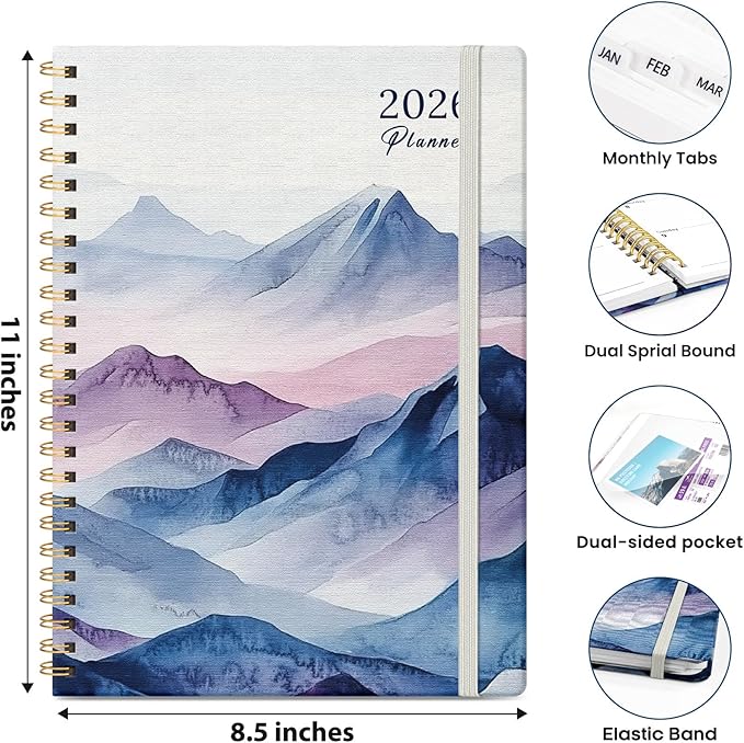 2026 Planner, Weekly and Monthly Planner for Women, January 2026 - December 2026, Hardcover 2026 Calendar Planner Book with Tabs, Inner Pocket, Spiral Bound, Perfect for Office Home School Supplies - A4 (8.5" x 11"), Hill