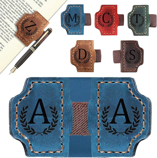 Custom Magnetic Bookmarks with Pen Holder, Personalized 26 Letters Name Initial Leather Bookmark, Leather Book Mark for Men Women Teachers, Readers Book Lovers Gifts (Blue, A)