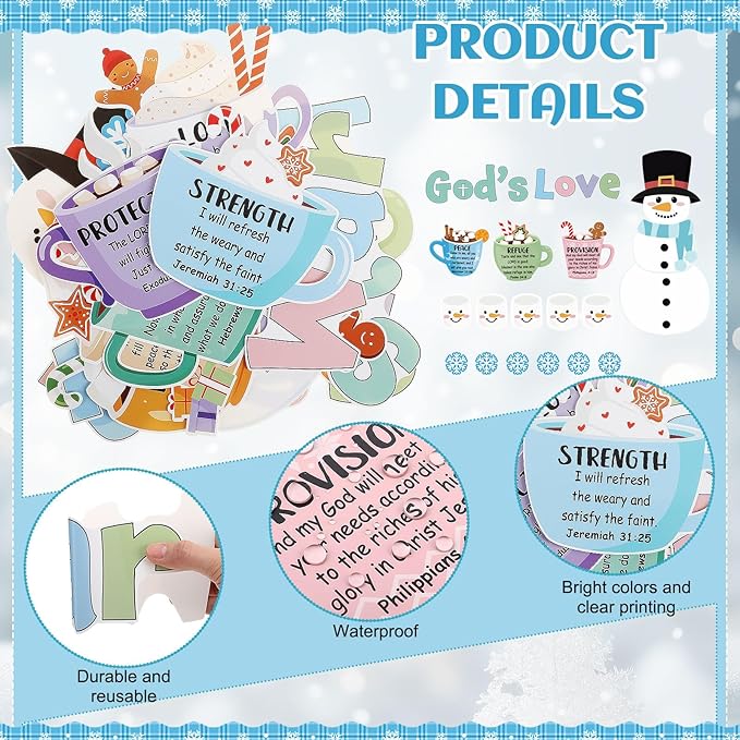 60 Pcs Winter Christian Bulletin Board Hot Cocoa Marshmallow Classroom Decoration God's Promises Warm My Heart Bulletin Board Snowflake Winter Christmas for Holiday School Office Wall Door