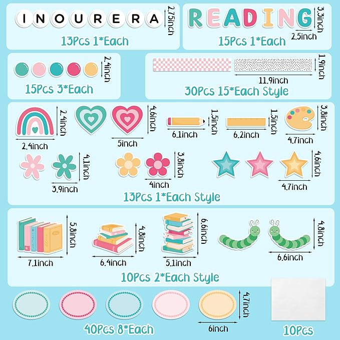 133Pcs Back to School Reading Bulletin Board Classroom Decoration, in Our Reading Era Cutouts Border Trims Bookworm Name Tags Back to School Party Supplies Classroom Chalkboard Wall Door Decor