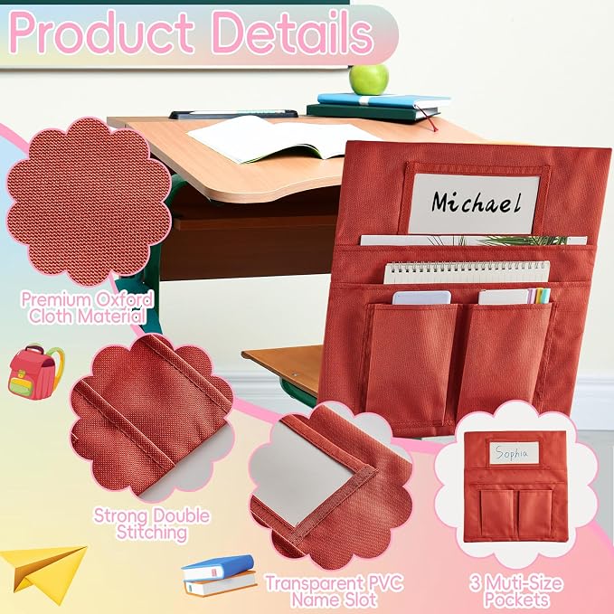 gisgfim 24 Pcs Small Chair Pockets for Classroom 13 x 14 Inch Bag with Name Tag Multi Pockets Chairsback Pouch Organizer for Student Kindergarten Elementary Daycare (Groovy)