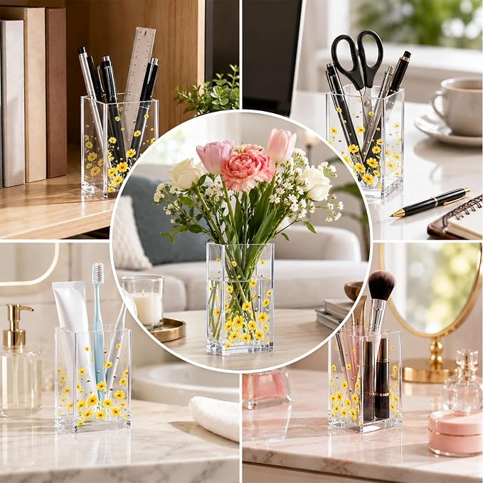 Sunflower Acrylic Pen Holder Cup, Farmhouse Aesthetic Desk Decor, Floral Pattern Pencil Holder Organizer, Office Accessories, Gift for Women