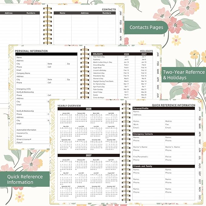 2026 Monthly Planner, Jan.2026 - Dec.2026 Weekly Monthly Planner 6.25"x8.5" with Page Tabs, Calendar Hardcover with Inner Pocket, Elastic Band, Twin-Wire Binding, Bookmark, Pink Bouquet
