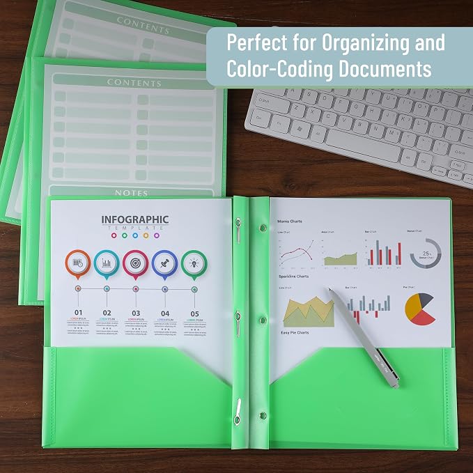 Mr. Pen- Plastic Folders with Pockets and Prongs, 24 Pack, Letter Size, Green, Flexible Plastic Folders with Prongs, Clear Front Pocket and Card Slot