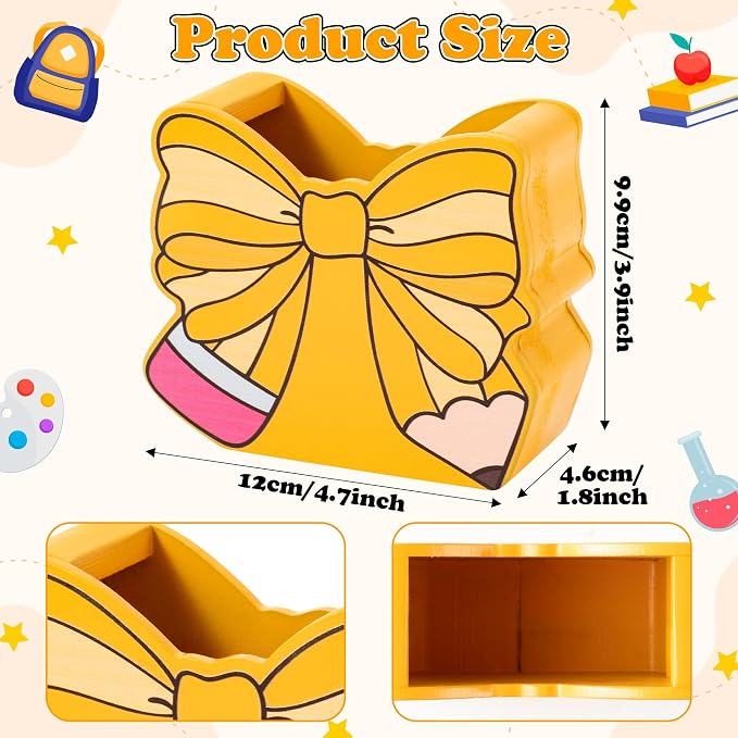 MALLMALL6 Bow Pencil Holder - Back to School Wooden Pen Holder, Cute Ribbon Caddy Case Gift for Kids Students Girls Women, Desktop Dispenser Storage Organizer for Classroom Teacher Office