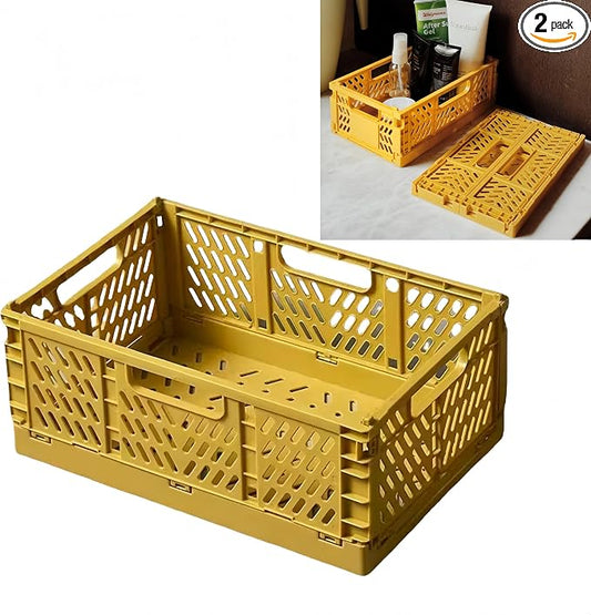 1-Pack Small Storage Crates, Golden Yellow Stackable & Foldable Plastic Bins - Versatile Organizers for Home, Office, Kitchen, Bedroom, Bathroom