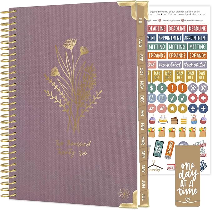 bloom daily planners HARDCOVER Planner 2026-2027 (5.5” x 8.25) Academic Year (July 2026 - July 2027) 13 Months - A5 Task Goal Planner for Women - Monthly & Weekly Agenda Book - Purple Linen