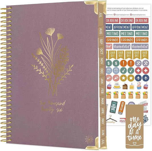 bloom daily planners HARDCOVER Planner 2026-2027 (5.5” x 8.25) Academic Year (July 2026 - July 2027) 13 Months - A5 Task Goal Planner for Women - Monthly & Weekly Agenda Book - Purple Linen