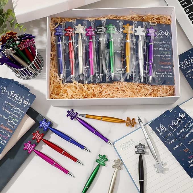 Sinload 100 Sets Team Appreciation Gifts Bulk Inspirational Puzzle Ballpoint Pens Motivational Cards Bookmark for Team Staff Office Coworker Employee Nurse Teacher Week Gifts