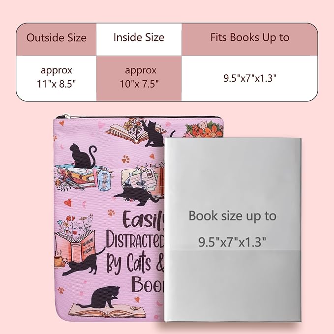 Cat Lover Book Sleeve with Zipper - 11x8.5 Inch Waterproof Book Protector, Washable Fabric Sleeve for Paperbacks & Hardcovers, Perfect Gift for Readers