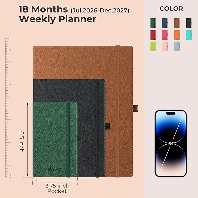 Weekly Monthly 2026-2027 Planner (July 26-Dec 27),6.5"x3.75",18 Months Agenda Plan with Month Tabs & Pocket,Expenses/Note Pages, Academic Calendar with Vegan Leather Cover,Black