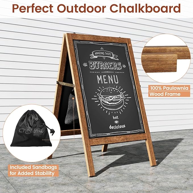 Chezerra A Frame Chalkboard Sign, 40"x20" Extra Large Sidewalk Chalk Board, Wooden Standing ChalkBoards Set with Markers, Double-Sided Magnetic Blackboard for Cafés, Weddings, Party Guide, Brown