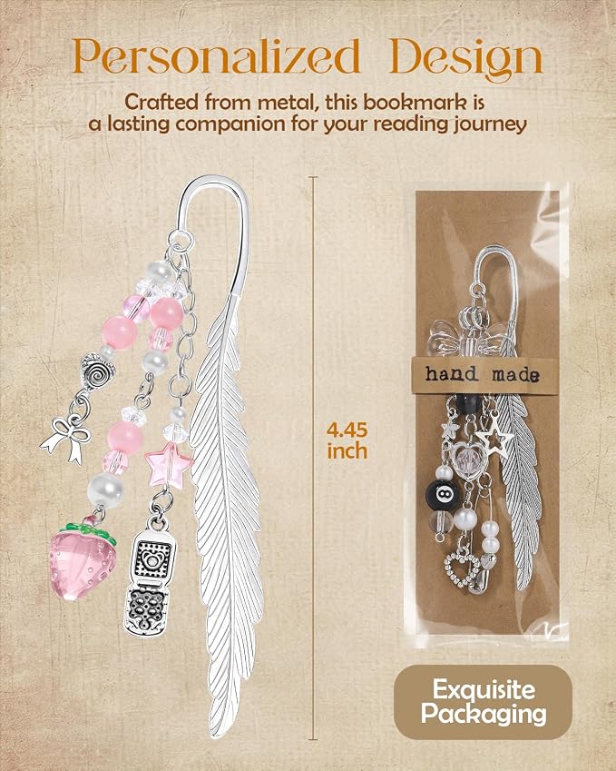 Buleens 2 Pack Bookmarks for Women Reading - Book Marks for Readers Book Lovers, Cute Y2K Pink Bow Strawberry Personalized Metal Bookmark with Pendants, Pretty Aesthetic Book Accessories Reading Gifts