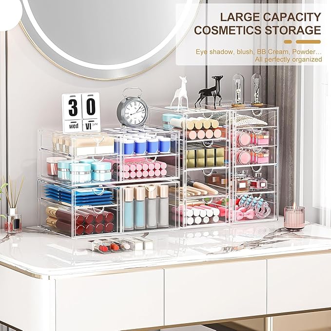 Makeup Organizer Storage With 16 Drawers, 4 Pcs Desktop Office Supplies, Desk Organizers, Clear Accessories, Dustproof Storage Drawer and for Make Up, Jewelry, Pen, Stationary