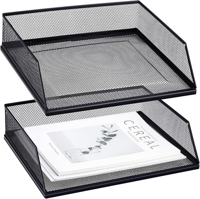 Hicarer 2 Pcs Black Metal Letter Tray Stackable Desk Tray Single Wire Mesh Organizer Front Load File Paper Holder for Desktop Office Home School Classroom (9.84 x 12.8 Inch)