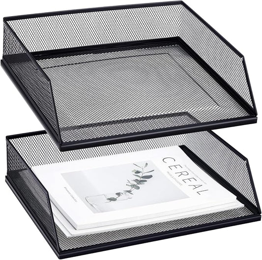 Hicarer 2 Pcs Black Metal Letter Tray Stackable Desk Tray Single Wire Mesh Organizer Front Load File Paper Holder for Desktop Office Home School Classroom (9.84 x 12.8 Inch)