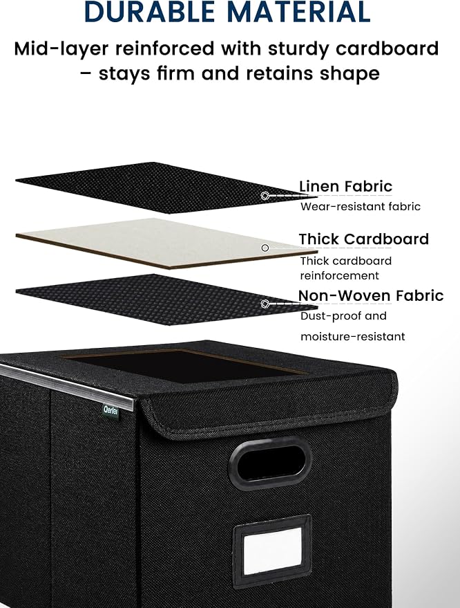 Qerlei File Organizer Boxes with Lids,Collapsible File Folder Organizer with Plastic Slide,Collapsible Filing & Storage Boxes for Office/Decor/Home (Black, 1 Pack)
