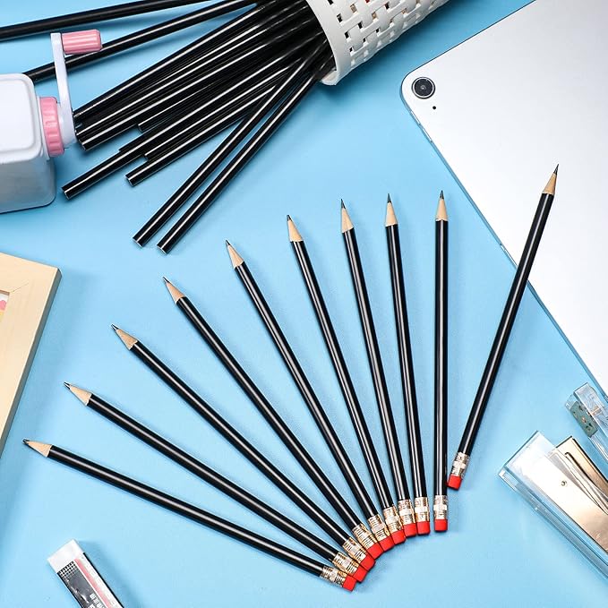 Outus 24 Pieces Round Pencils HB Graphite Pencils Wood Pencils with Eraser Cute Pencil Pack for School Drawing Sketching Wedding Office Supplies(Black)