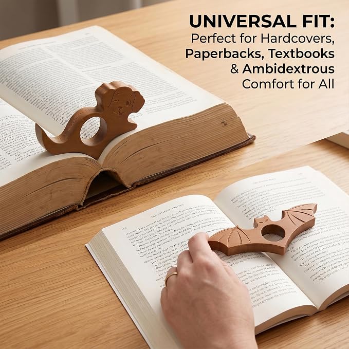 4 PCS Thumb Book Holder - Wood Thumb Book Page Holder Set, One Handed Animal Themed Bookmark Opener for Reading, Bookworm Gifts for Readers Women Men (Cat Dog Dragon Bat)