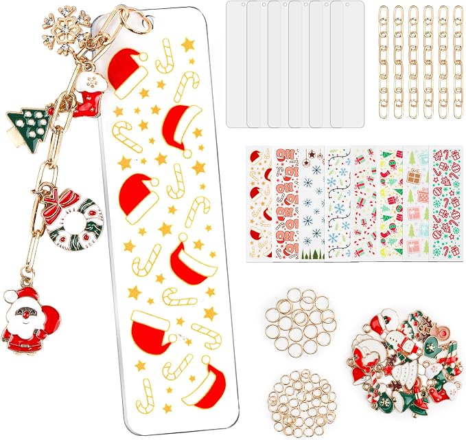 100PCS Acrylic Bookmark Blanks(2mm) Thicken 6 DIY Bookmark Making 8 Christmas UV DTF Sticker 20 Christmas Charms 6 Extender Chains and 60 Jump Ring Suitable for DIY Crafts Gifts