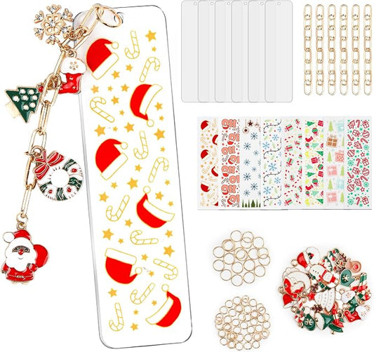 100PCS Acrylic Bookmark Blanks(2mm) Thicken 6 DIY Bookmark Making 8 Christmas UV DTF Sticker 20 Christmas Charms 6 Extender Chains and 60 Jump Ring Suitable for DIY Crafts Gifts
