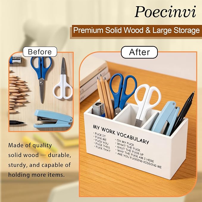Minimalist Funny Pen Holder for Home Office Desk, Funny Office Gifts for Coworkers, My Work Vocabulary Humorous Wooden Box Sign Pencil Holder for Desk Shelf Organizer