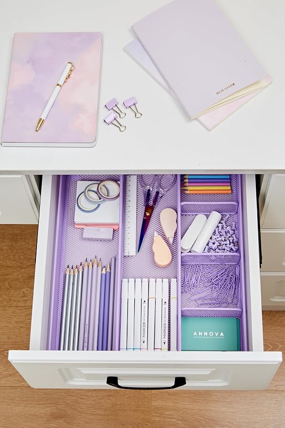 Annova Desk Top Organizer Tray for Office Organization - Metal Mesh - Storage Tray with Dividers for Pens, Desktop Accessories, Bathroom, Kitchen, Makeup and Office Supplies (Large, Purple)
