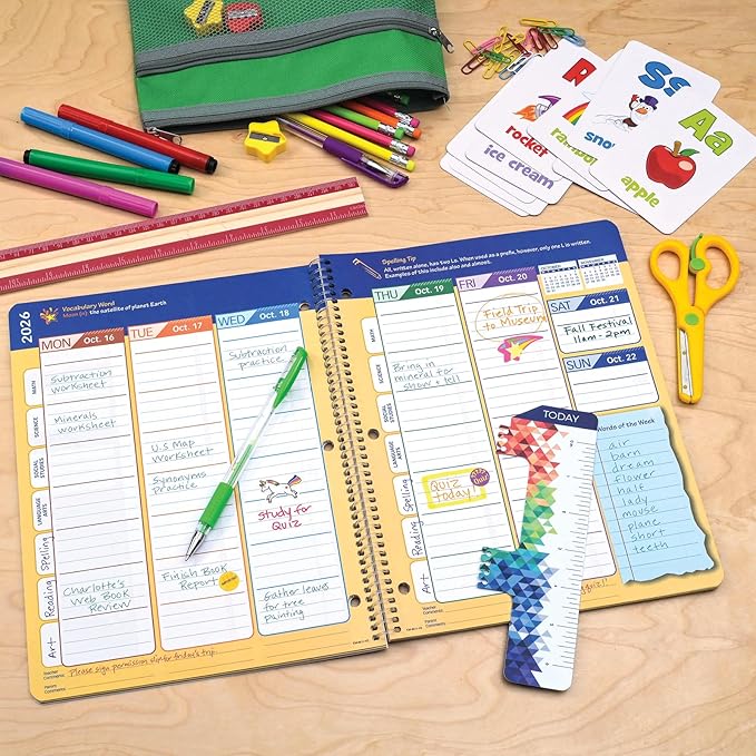 Global Datebooks 2026-2027 Elementary Student Planner 8.5" x 11" - Dated Weekly & Monthly Academic Planner with Ruler/Bookmark & Stickers, Ideal for Homework, Matrix Style, Corkboard