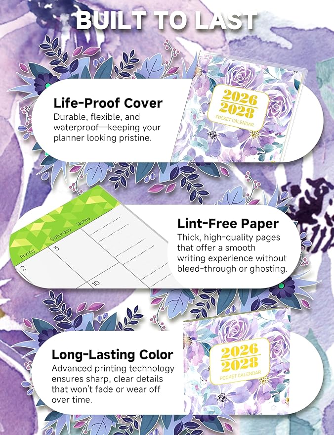 Pocket Calendar 2026-2028 Floral Series, Monthly Planner Jan 2026 to Jul 2028 (3.7" x 6.7") Perfect Purse Calendar, Pocket Agenda with Protective Plastic Sleeve-Violet Floral