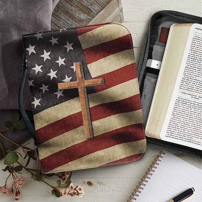 Cross American Flag Bible Covers for Women Easy to Store Bible Organizer Bag for Man with Zipper and Handle Case Large Size Bible Protector