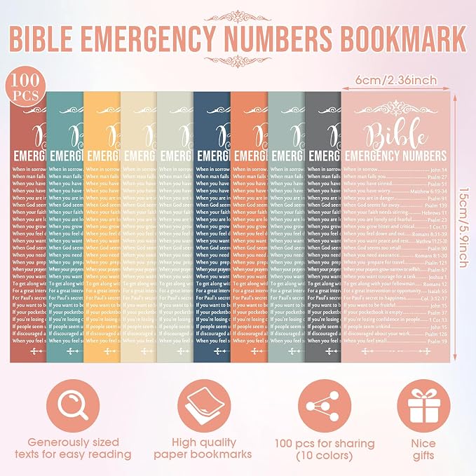 Motiskyy 100 Pcs Christian Fathers Day Bible Verse Emergency Numbers Bookmark Religious Church Gift 2.36 x 6'' Catholic Book of The Bible Card for Women Men Teacher Nurse Sunday School(Bright Morandi)