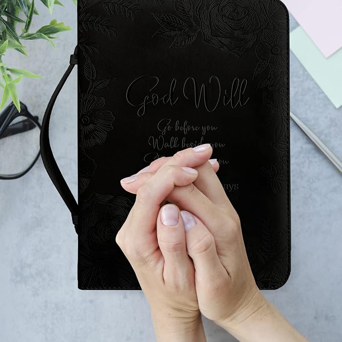 DEHITE Bible Cover Case for Women — Bible Carrying Case for Woman — Black Large Holder Bag — Fits Book 7x10.1x1.9 in — Pen Slots — Zippered Pocket — Premium Faux Leather — Christian Floral Accessories