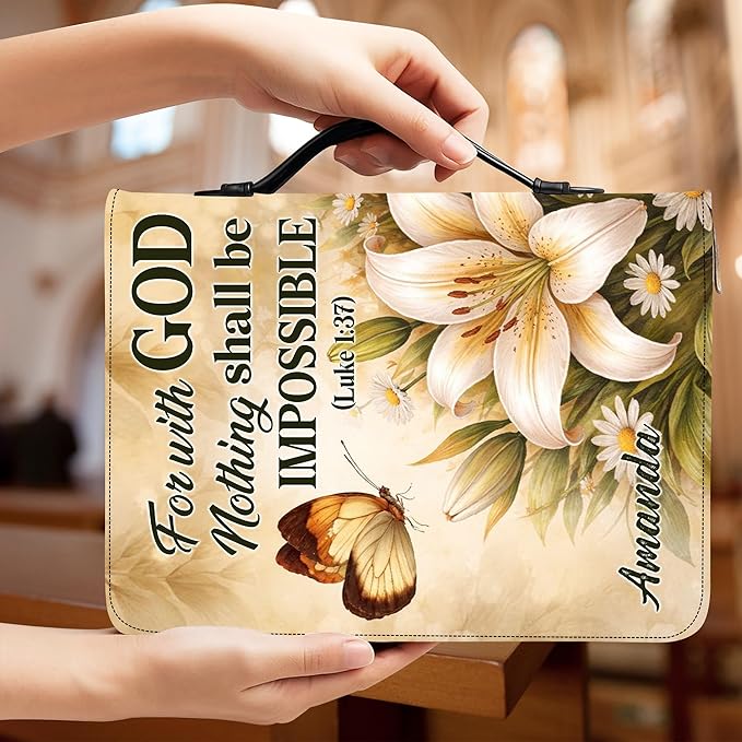 Custom Leather Bible Cover with Name – Personalized Bible Case for Women Zippered with Handle, Bookmark & Storage Pockets, Christian Gift for Mom, Daughter, Grandma (for with God, M-2XL)