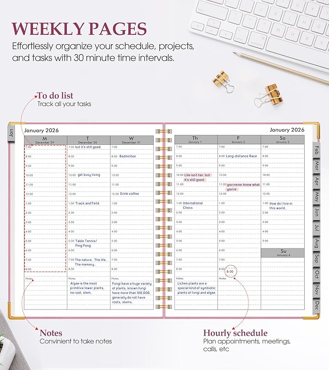 2026 Planner, Weekly and Monthly Calendar Planner from January 2026 - December 2026, 5.75" x 8.38" Hardcover Leather Hourly Appointment Book with Tabs, A5 Spiral Daily Planners for College School Work Home, Light Pink