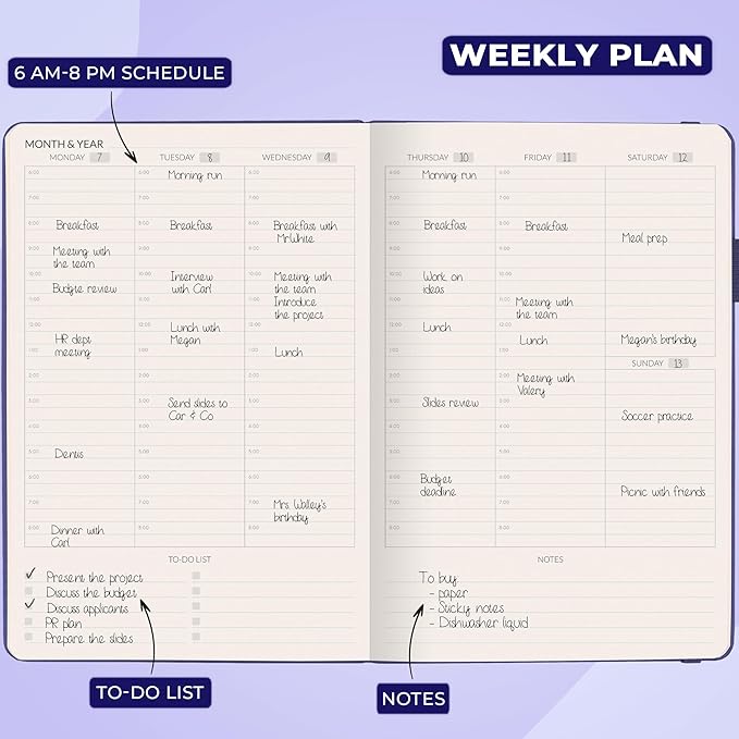 Skyline Hourly Weekly Planner – Undated Agenda & Daily Appointment Book – Time Blocking Notebook for Business Entrepreneurs, A5 (Navy Blue)