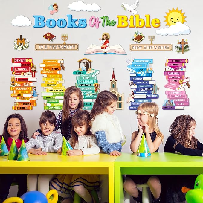 gisgfim Books of The Bible Bulletin Board Decorations Set Back to School Classroom Religious Paper Cutouts Colorful Christian Jesus Bulletin Board Decor for Sunday School Nursery VBS Chalkboard Wall