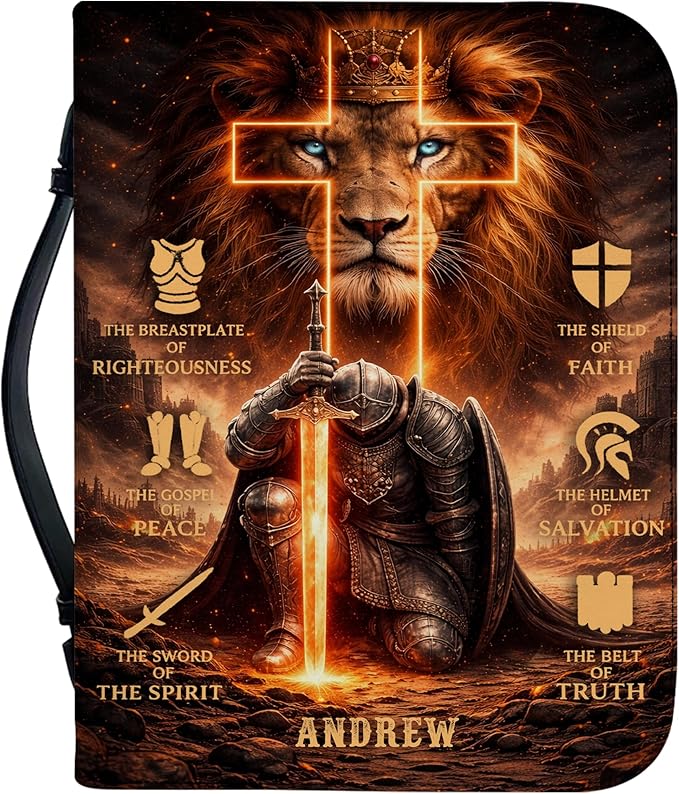 Personalized Man of God Bible Cover for Men, Christian PU Leather Bible Case with Handle Zipper, God Says I Am Warrior Scripture Bible Holder, Religious Gift for Men (Warrior Lion)
