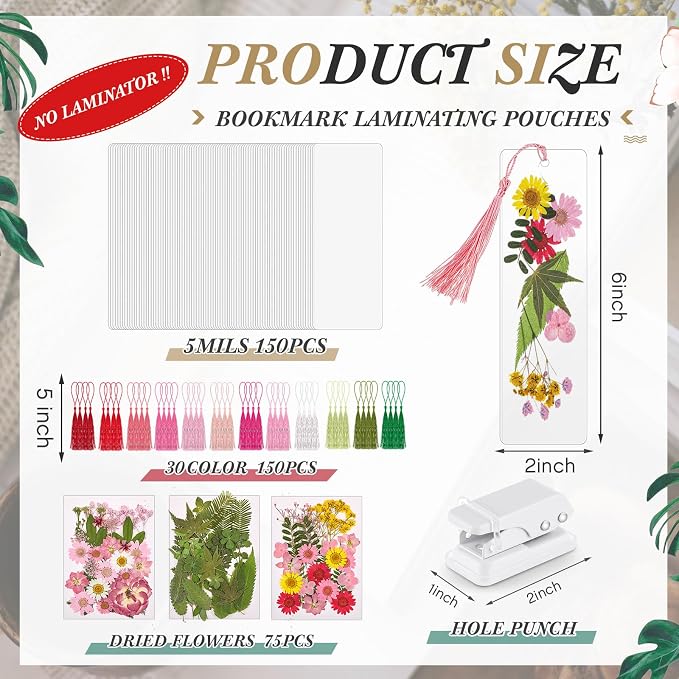 Fuyoooo 376 Pcs Dried Flower Bookmark Making Kit, DIY Bookmark Laminating Pouches with Tassels and Puncher, Handmade Craft Kit for Women, DIY Gifts for Book Lovers (Pink,2 x 8 Inch)