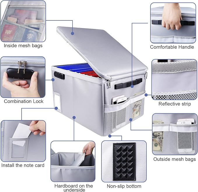 Fireproof Document Box, Fireproof Organizer Safe Box with Lock, Portable Office Storage Cabinet for Hanging Letter/Legal Size Folder/Certificate