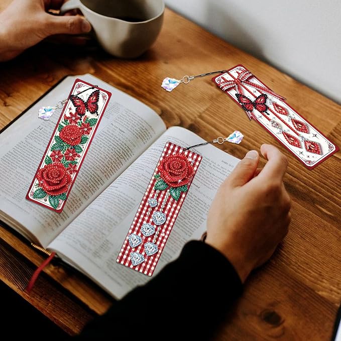 Tontut 3pcs Diamond Art Painting Kit Bookmark, Bow Rose Exquisite General DIY Bookmark, Lightweight and Durable, Suitable for Reading Lovers