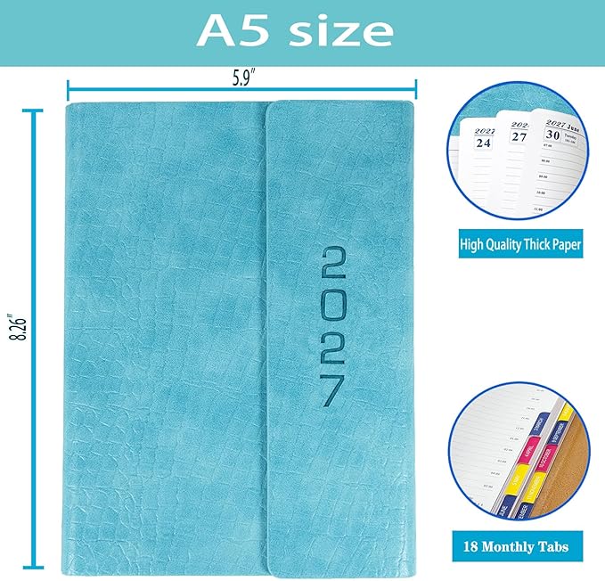 2027 Daily Planner -One Page per Day, Appointment Book 2027, Hourly Daily & Monthly Planner with Tabs(Jan-Dec 2027), 8.26'' x 5.9'' Calendar Planner, Leather Cover + Thick Paper (Light Blue)