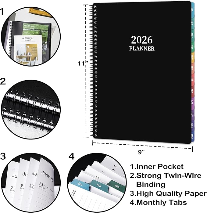 2026 Planner - Planner 2026 Weekly and Monthly, Jan 2026 - Dec2026, 9" x 11", 26 Planner Weekly and Monthly, 26 Calendar Planners with Colorful Tabs, Pocket - Black