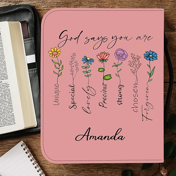 Custom Leather Bible Cover with Name – Personalized Bible Case for Women, Zippered with Handle, Bookmark & Storage Pockets, Christian Gift for Mom, Daughter, Grandma (God Says You are, M-2XL)